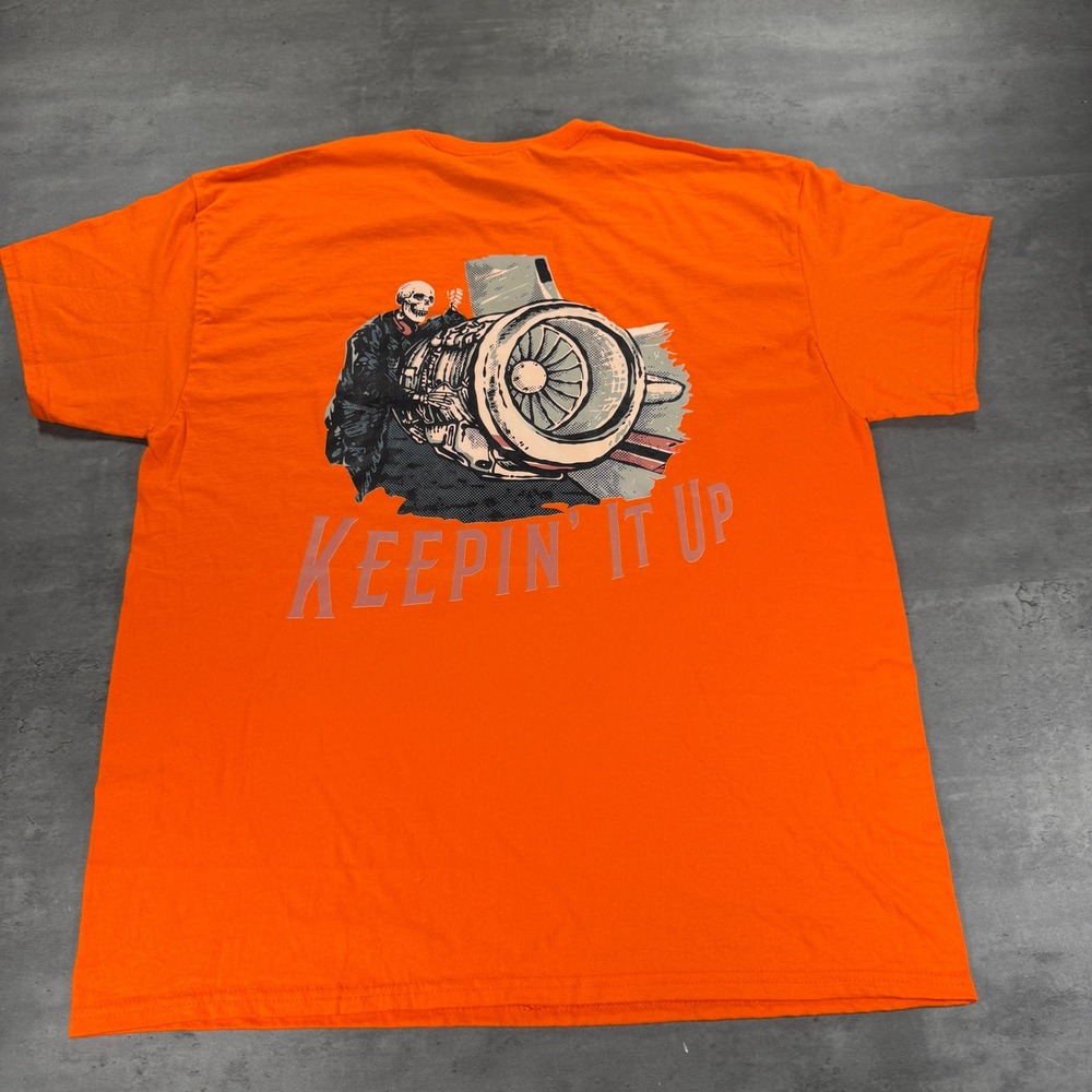 Gildan T Shirt Mens XL Worked To Death Skeleton Jet Engine Orange Graphic EUC